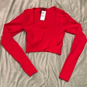 Express Red Ribbed Long-Sleeve Cropped Top with Square Neck